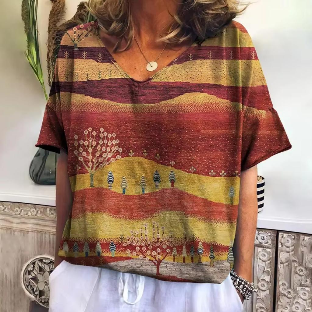 Damen V-Ausschnitt T-Shirt Sommer Casual Mode Kurzarm Neuer Trend Gestreift Harajuku Stil Locker Damenbekleidung