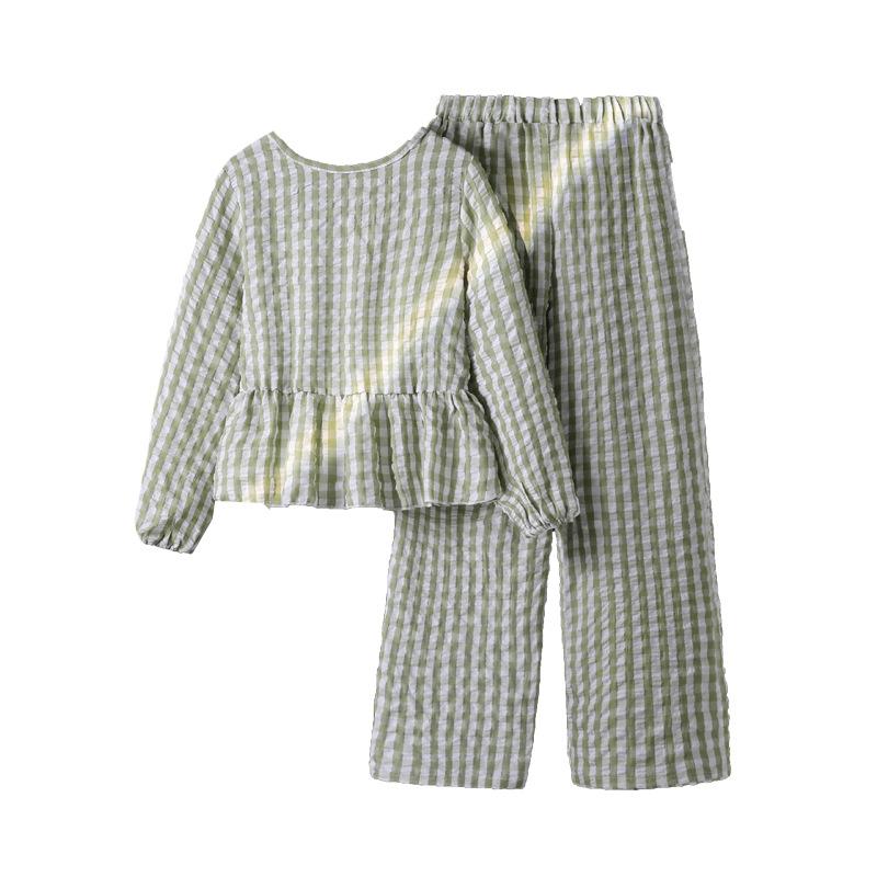 Children Clothes 2025 Autumn Plaid Loose Ruffled Long Sleeve Top And Wide Leg Pants Two-Piece Set For Girls