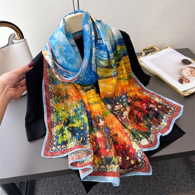 Qilu Druck Malerei Blumen Schnitt Frühling und Sommer Seidenschal Großer Langer Schal Hochwertiger Reise Schal Sonnenschutz Damen Schal Kopftuch