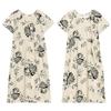 Korean Floral Lyocell-Cotton Silk Nightgown with Drawstring Waist and Short Sleeves
