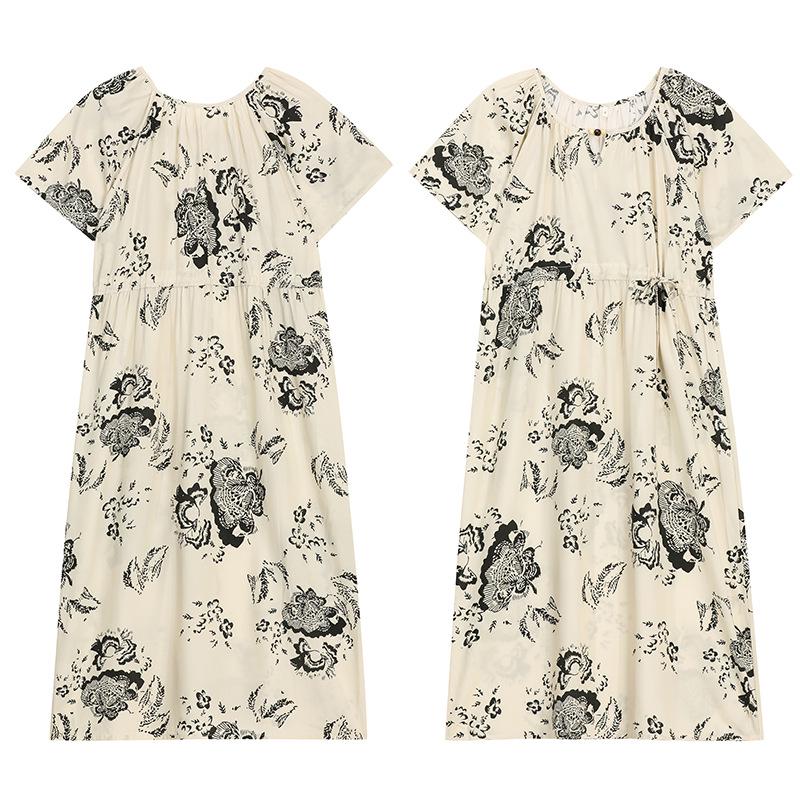 Korean Floral Lyocell-Cotton Silk Nightgown with Drawstring Waist and Short Sleeves