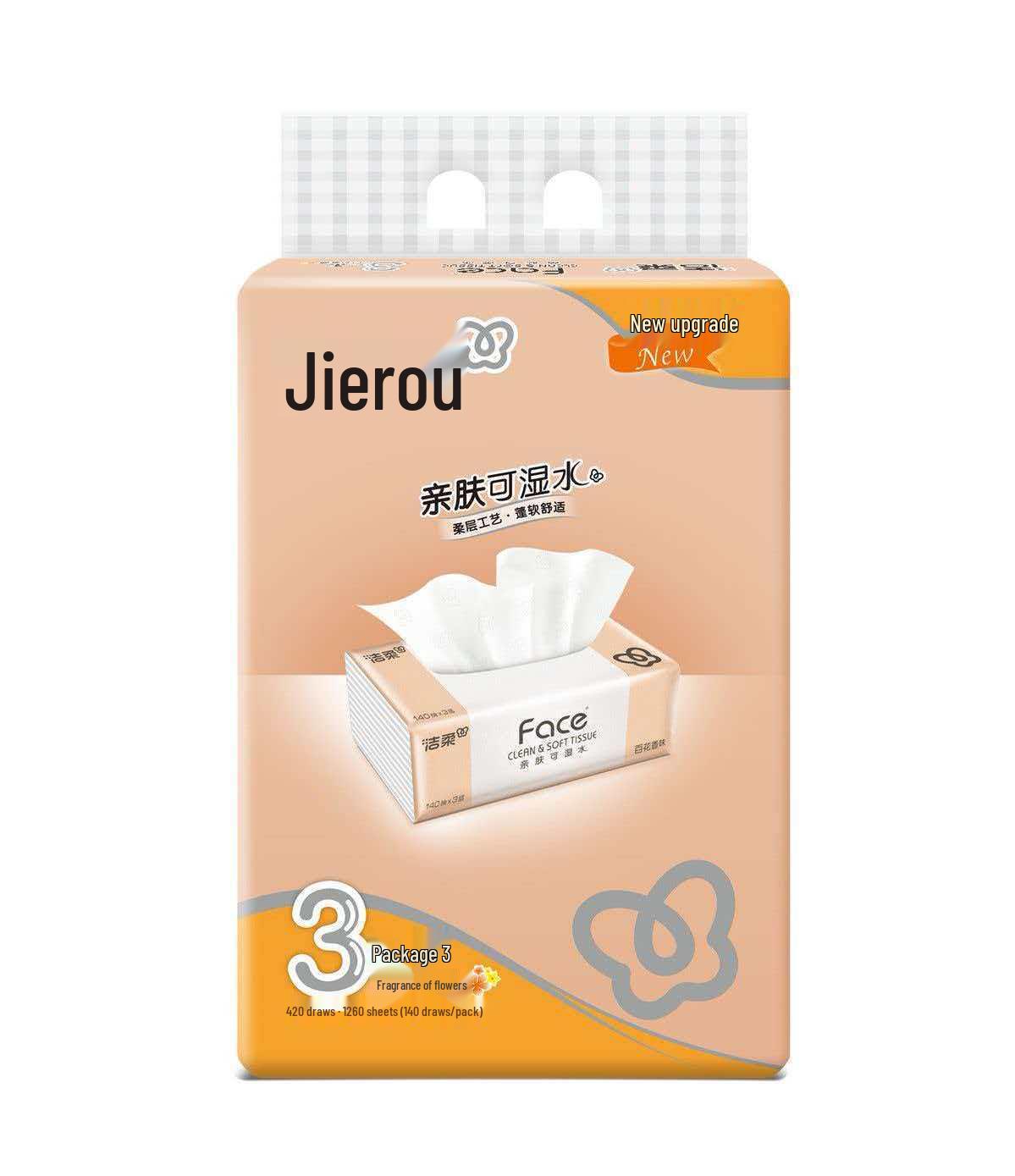 Jie Rou Bai Hua Fragrance 3-ply Facial Tissues, 140 Sheets, Wet-Strength, Home Use Value Pack Package