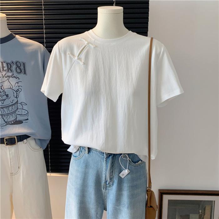 

Guofeng button short-sleeved T-shirt women s summer 2025 new design sense loose and versatile new Chinese top M белый