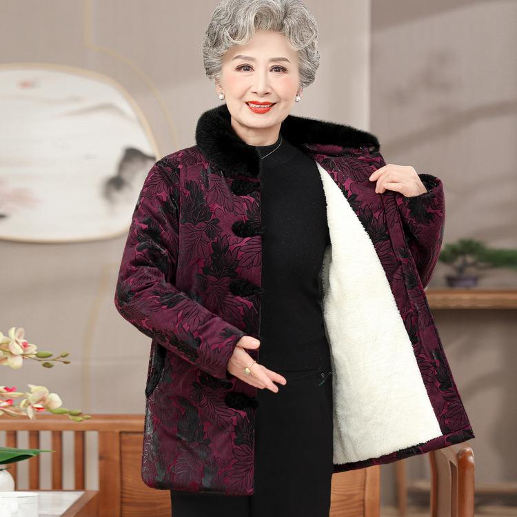 Middle-aged and Elderly Mothers Winter Coat Grandma Plus Velvet Thickened Cotton Jacket 70-year-old 80-year-old Tang Suit Warm Clothes for Women