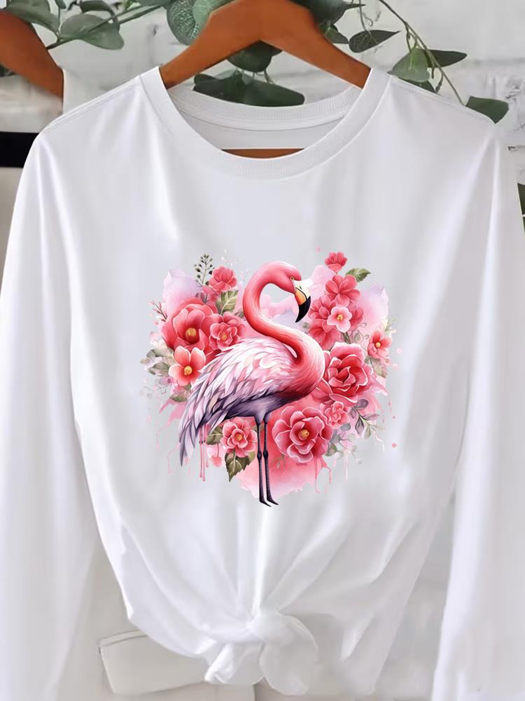 (Asian Size) Flower Trend Cute Graphic Tee O-neck Print T Shirt Casual Clothing Women Autumn Winter Spring Fashion Top Long Sleeve T-shirts
