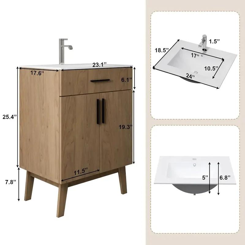 Gabinete de Banheiro de 24" com Cuba, Conjunto de Gabinete com Duas Portas de Armário com Fechamento Suave, Conjunto Moderno de Gabinete Único para Banheiro, Personalizado