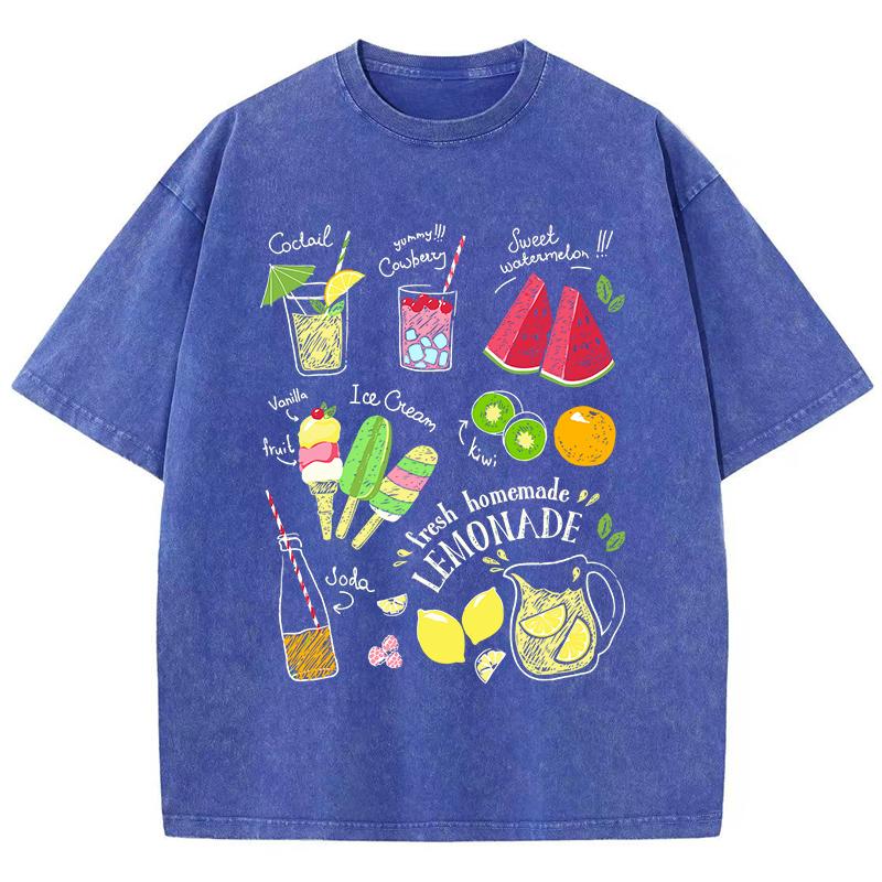 Fruit Tea Cold Drinks Ice Cream Prints Cotton Washed TShirt Women Oversize Tops Street Distressed ONeck T Shirt Summer Clothes