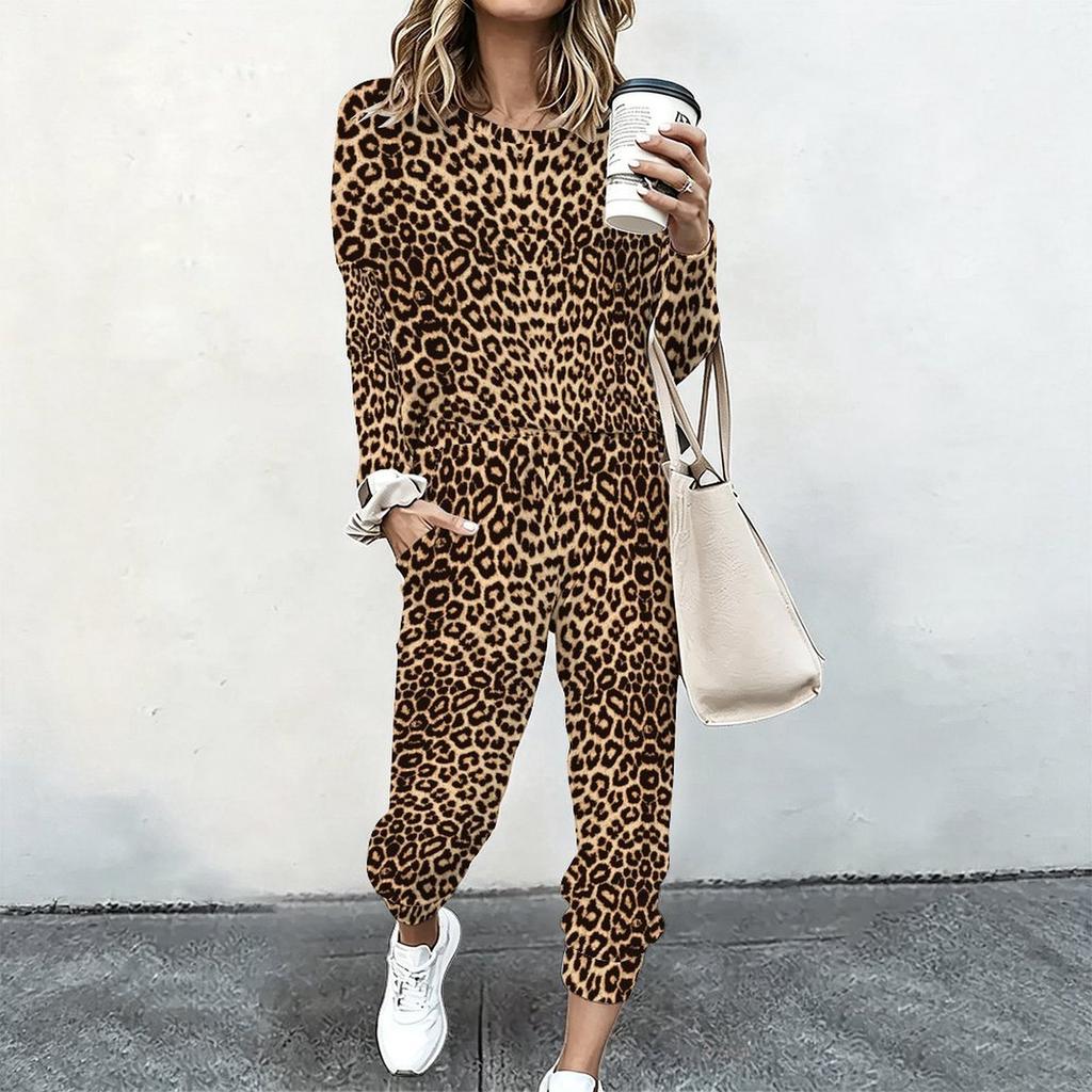 Female Crew Neck Long Sleeve Tunic And High Waist Straight Pants Two Piece Daily Casual Loungewear