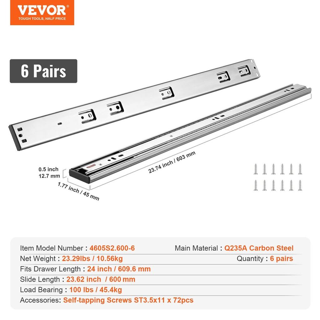 6 Pairs of 609.6mm Drawer Slides Side Mount Rails, Heavy Duty Full Extension Steel Track, Soft-Close Noiseless Guide Glides Cabinet Kitchen Runners