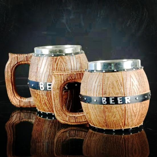 Roestvrijstalen Bierpul, Houten Vat Design Steins, Retro "BEER" Logo & Klinknagels, Grote Inhoud Mok voor Bars Feesten Woondecoratie