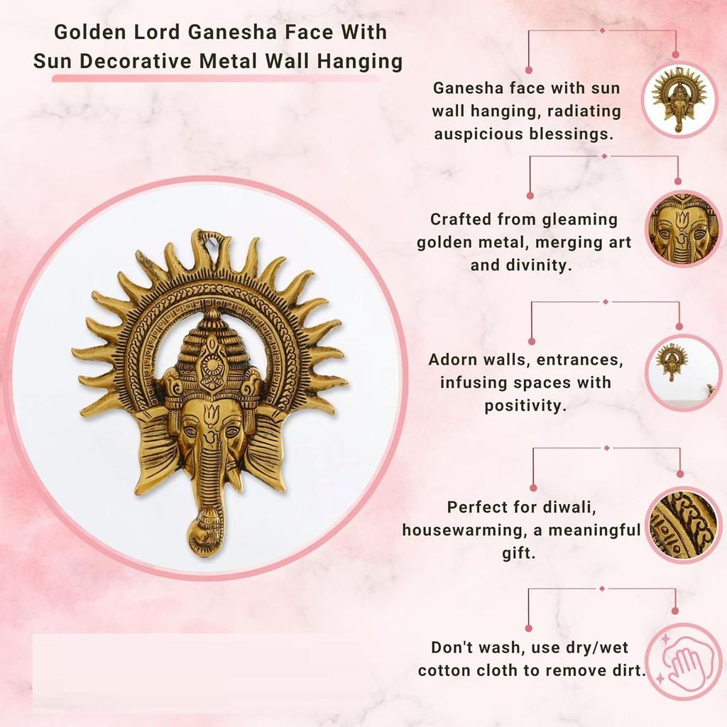 Golden Metal Sun Decorative Ganesha Wall Hanging | Lord Ganesha Statue Wall Art- Decorative Showpiece for Wall Decor
