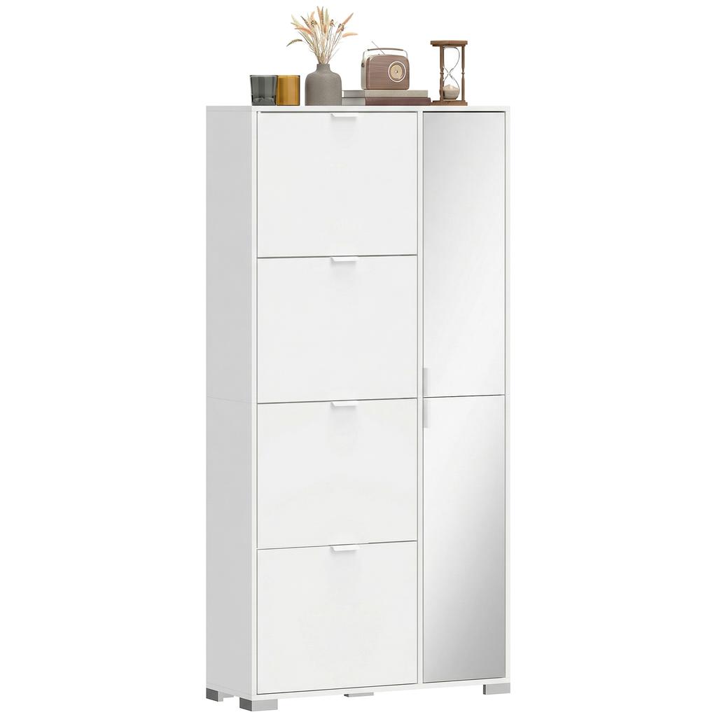 Shoe Rack with Mirror, 4 Flap Drawers, White