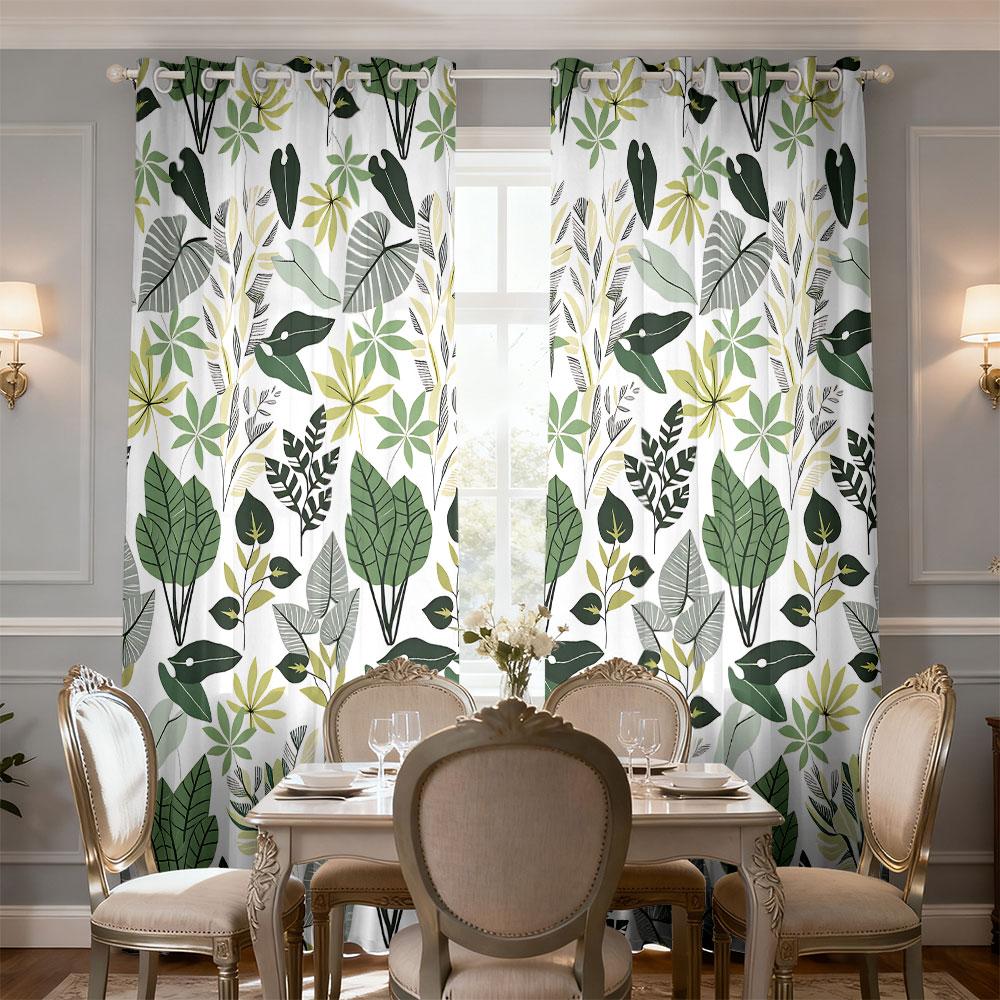 2PCS Fresh Green Plant Illustration Eyelet Blackout Curtains Privacy Window Drapes Fashion Home Decor Living Room Bedroom