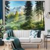 Misty Forest Tapestry, Serene Pine Trees With Sunbeams And Snowy Mountain Wall Art For Nature Lovers And Calm Room Decor
