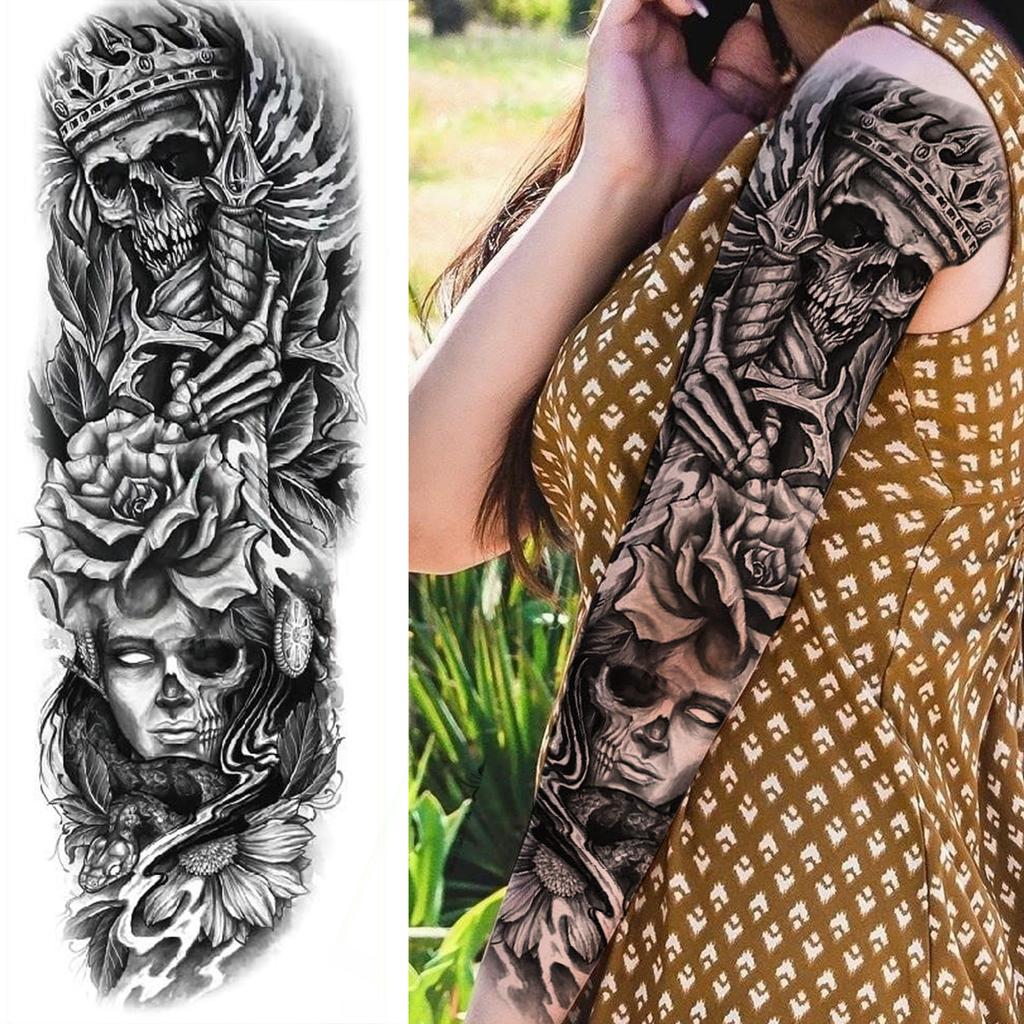 1 Sheet Long Sleeve Temporary Tattoos For Men Women Flower Skull Lion Wolf Tiger Nun Fox Compass Tattoo Sticker Body Art Arm Leg