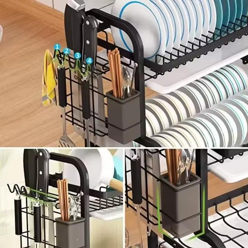 Multi-functional 3-Tier Dish Rack Kitchen Supplies Storage Rack Draining Rack with Chopsticks/Knives/Cutting Board Holder