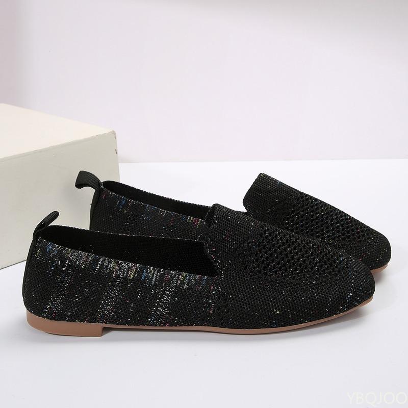 Fashion Flat bottomed shallow mouth casual shoes solid color square toe women's soft sole knitted casual simple comfortable single shoes