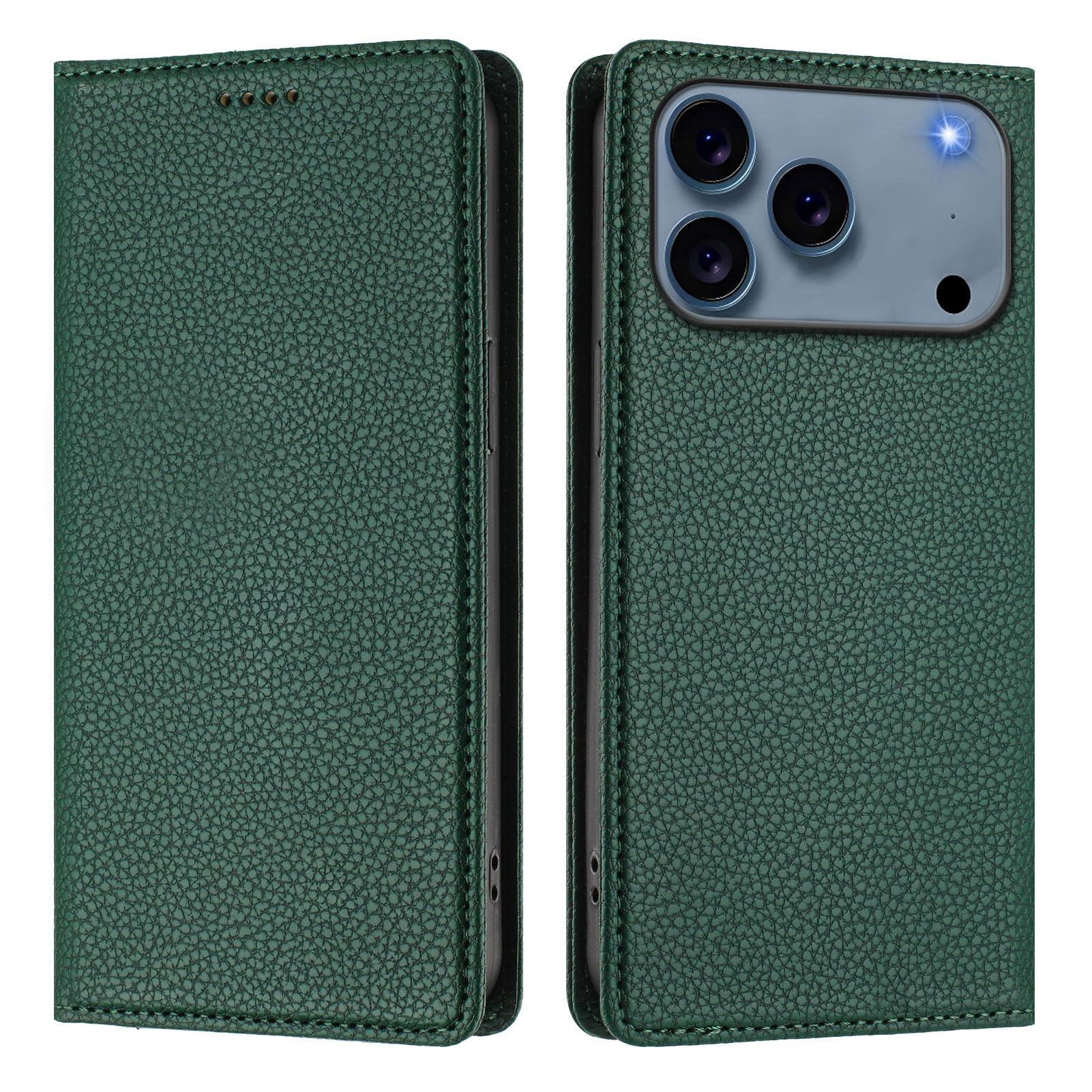 

For iPhone 17 Pro Max Wallet Case RFID Blocking Litchi Texture Leather Mobile Cover Dark Green
