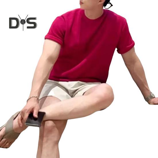 Summer Men T-Shirt Crew Neck Solid Color Short Sleeves Knitted Shirt Breathable Slim Fit Lightweight Basic Tee Casual Business Top
