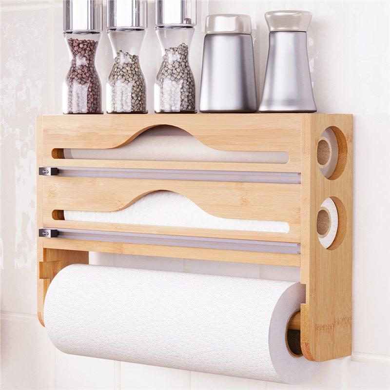 M-Modern-Kitchen Foil Dispenser With Paper Towel Holder, Bamboo Aluminum Foil And Plastic Wrap Organizer A