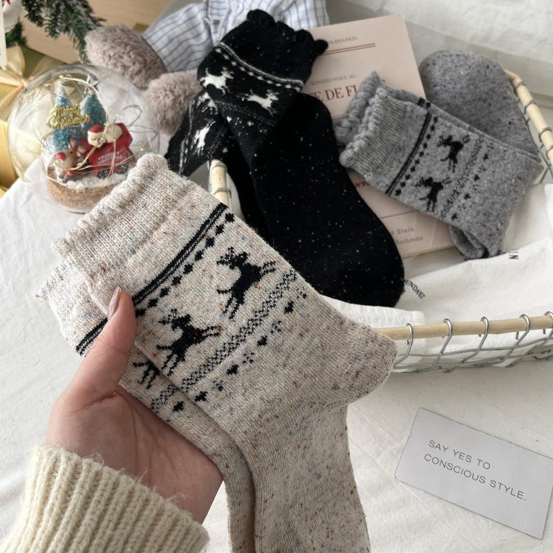 Fall/Winter Wool Socks - Fel Island Elk Warm Mid-Calf Socks - Bowknot Heart Retro Style Thick Socks - Children's