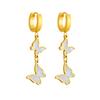 Gold Mother of Pearl Butterfly Drop Hoop Earrings