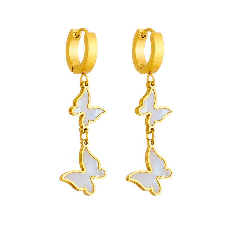 Gold Mother of Pearl Butterfly Drop Hoop Earrings