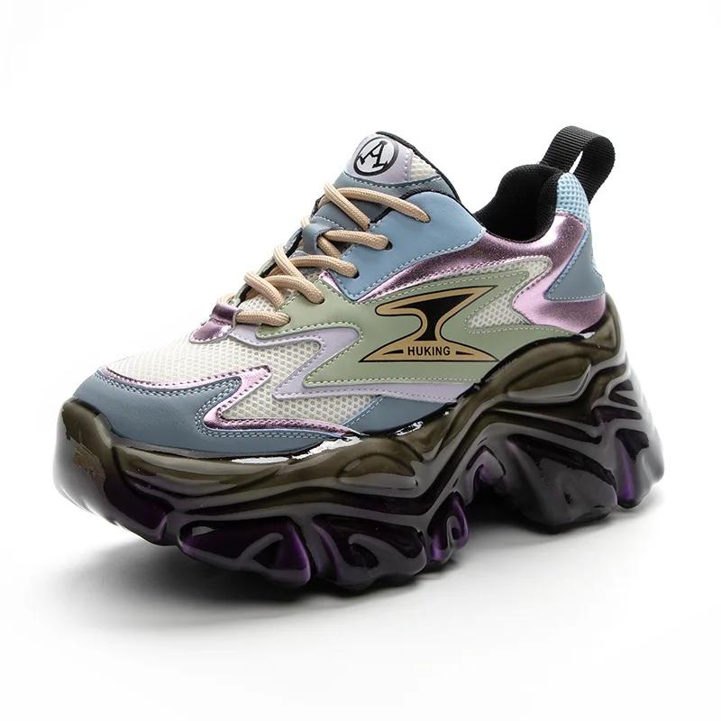 Fashion 7.5cm Air Mesh Synthetic Genuine Leather Women Platform Sneakers High Brand Shoes Vulcanize Summer Mixed Color Breathable