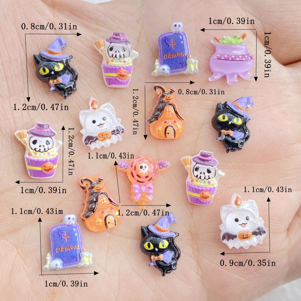 50Pcs Mini Cartoon Halloween Black Cat, Bat, Ghost, Skull Nail Art Resin Charms DIY Craft For Nail 3D Decorations Jewelry