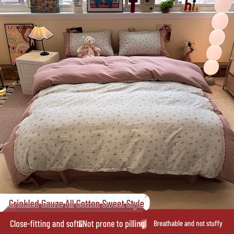 Korean Soft Crinkled Gauze Lace 4-Piece Bedding Set