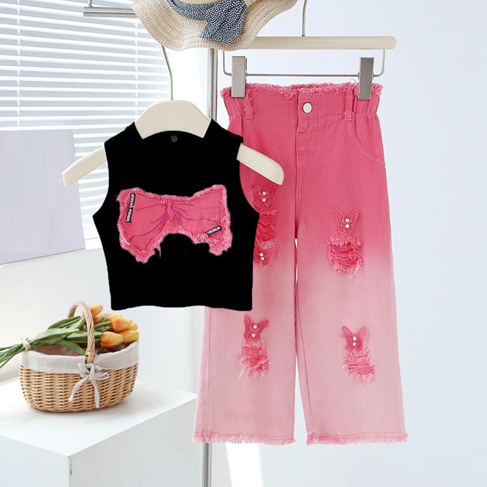 

Girls Fashion Sleeveless Distressed Denim Two-Piece Set For Older Children 110 чёрный