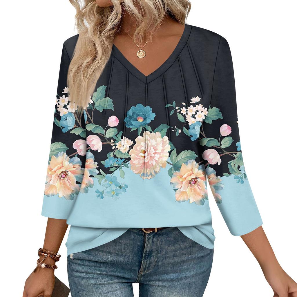 Dámské ležérní topy s výstřihem do V, pruhovaným potiskem a sedmirukávovým střihem