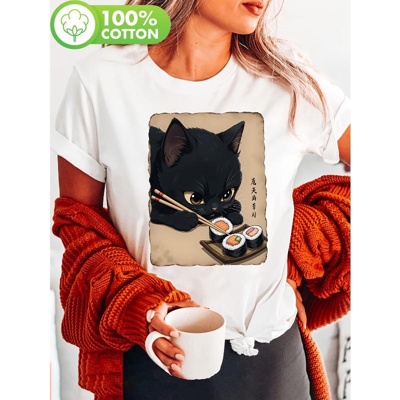 Women Cat Eating Sushi Print T-Shirt Crew Neck Short Sleeve Spring Summer Casual Top