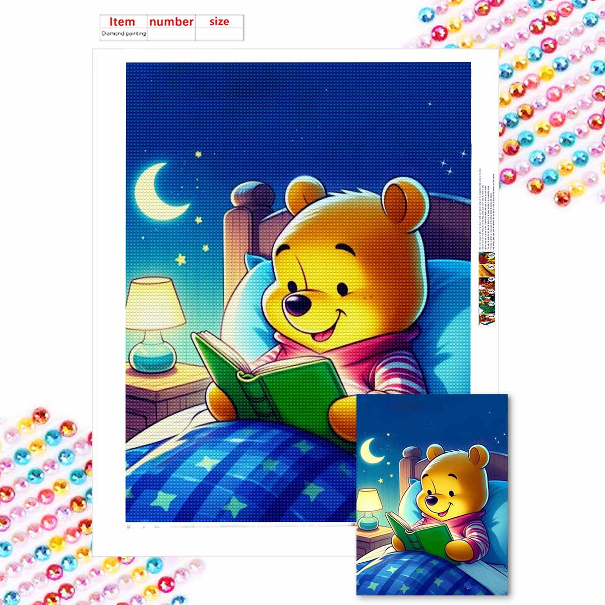 

Полная круглая алмазная живопись Винни Пух читает книгу Искусство Стразовая картина Мозаика Сделай сам 5D Вышивка крестом Домашнее украшение Round 20x30cm