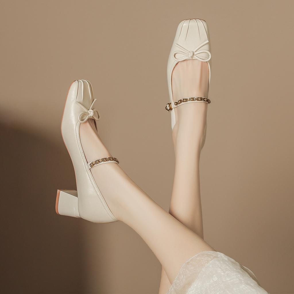 Bow word with rhinestone ballet shoes Mary Jane women's shoes small fragrant style thick heel high heels women's high sense