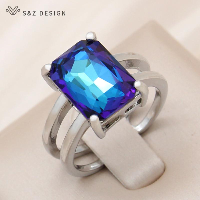 Fashion Rose Gold Color Adjustable Rectangle Crystal Rings For Women Wedding Party Jewelry Gift