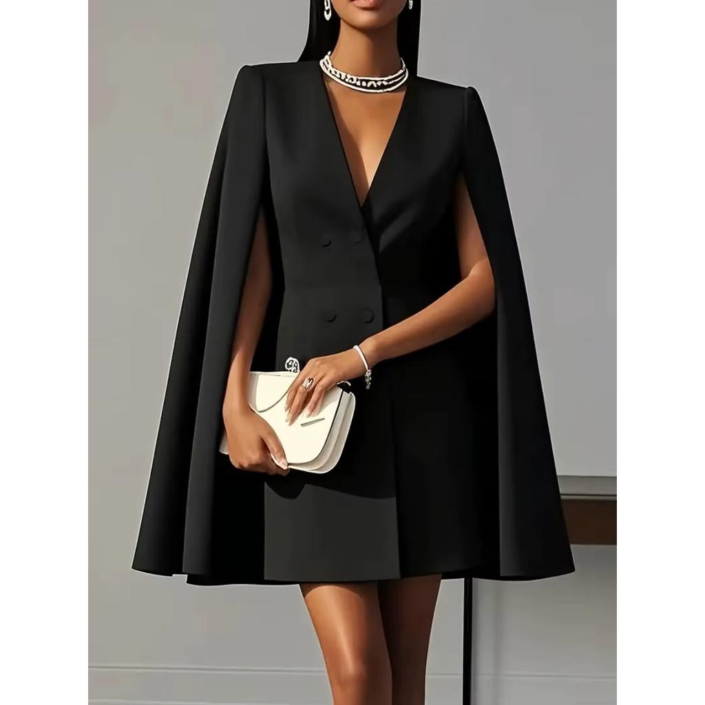 LYRIA Damenmode Pendler Einfarbig Blazer Kleid Büro Zweireihig Taille Partykleid Elegant V-Ausschnitt Schalkragen Umhang Ärmel Midi Kleid
