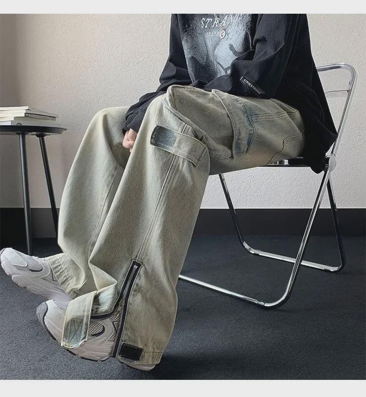 Men's American Retro Wide-Leg Jeans with Zipper Slit - Niche Design for Autumn/Winter