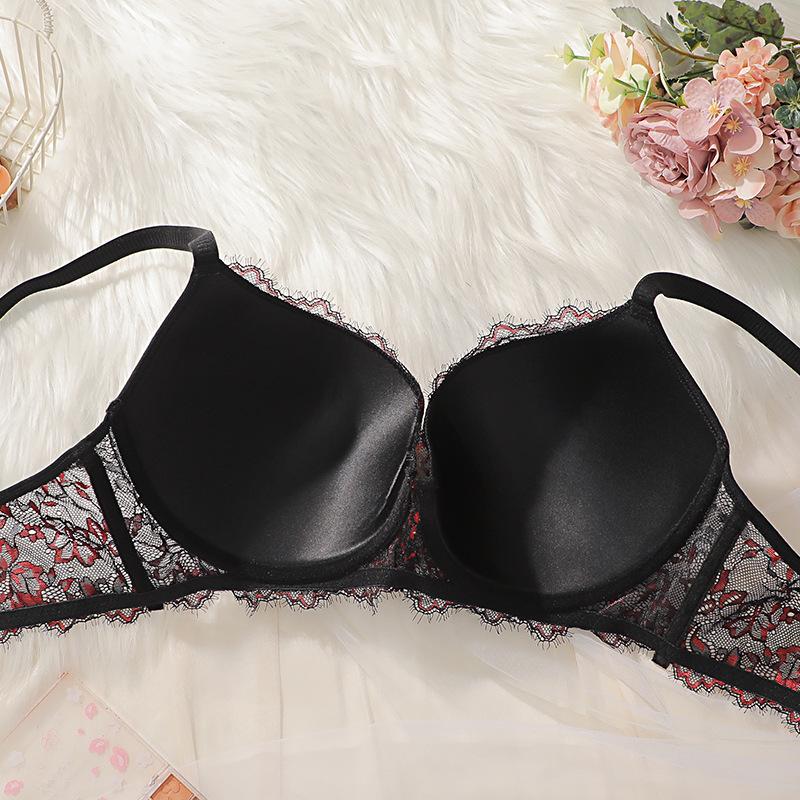 Black and Red Gathered Large Size Bra To Prevent Sagging and Side Breasts Full Cup Lace Sexy Women's Underwear