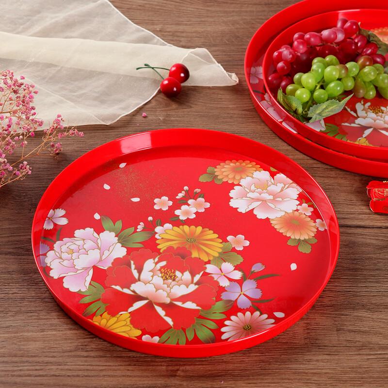 Ru Han Red Chinese Style Round Plastic Serving Tray