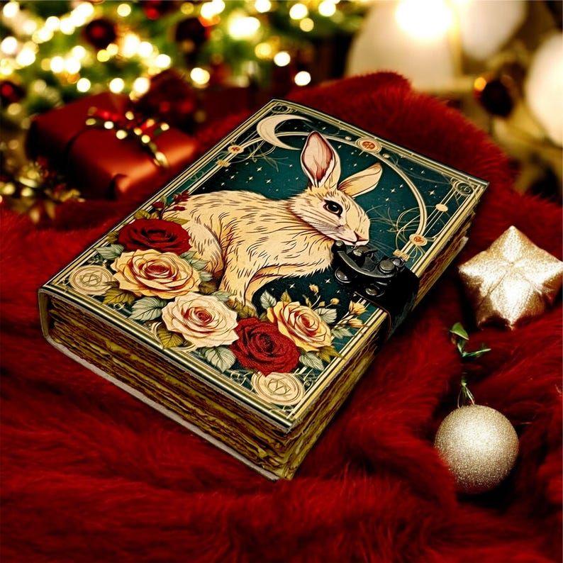 Kaninchen Vintage Tagebuch mit Rosen & Mond Design | Abschließbares Journal | Handgefertigtes Notizbuch