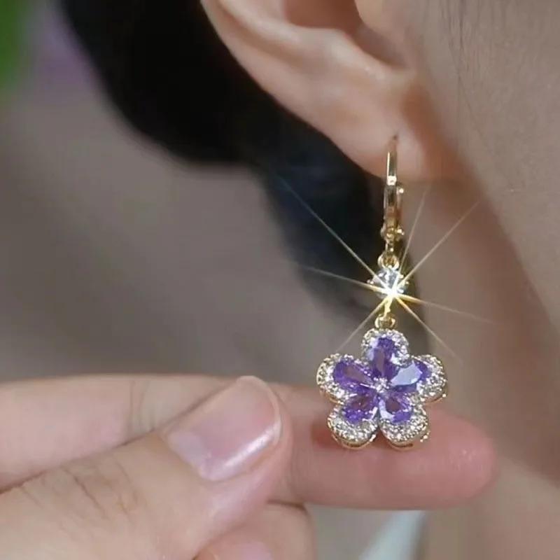Exquisite Purple Zircon Flower Pendant Earrings For Women Fashionable Personalized Daily Accessory Party Jewelry Birthday Gifts
