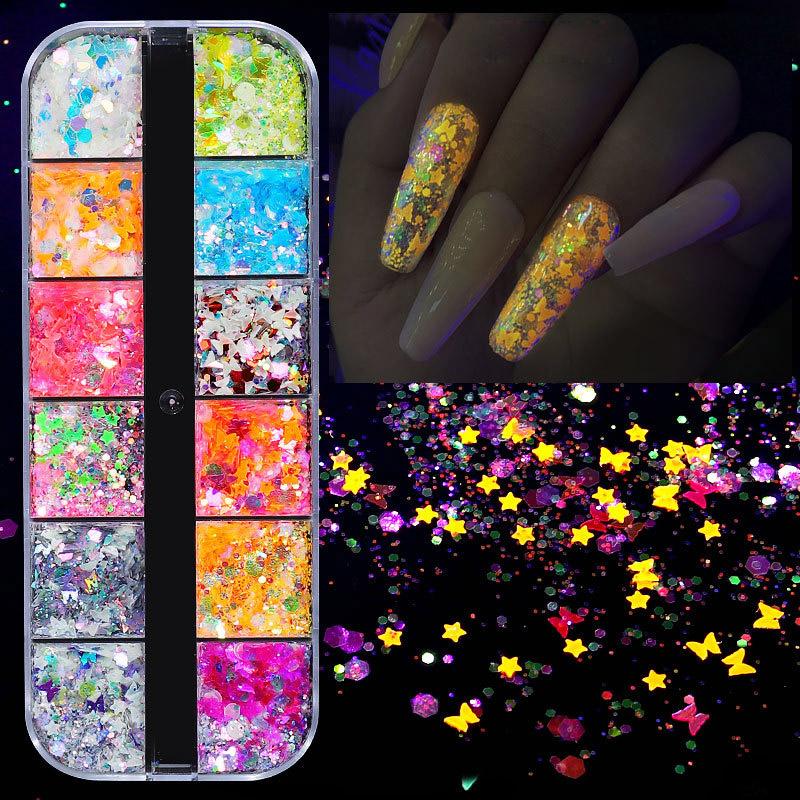 

12 сетчатых коробочных нейл-арта, светящиеся блестки, лазерная иллюзия, бабочка, звезды в форме сердца, луна, декоративные блестки для нейл-арта своими руками