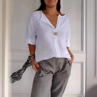 Summer Loose T-shirt Women's V-neck Cotton Linen Button Top Shirt