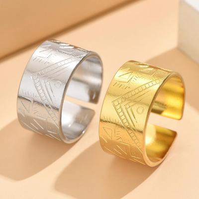 European Wide Band Retro Totem Pattern Adjustable Stainless Steel Ring for Men and Women Titanium Steel Jewelry