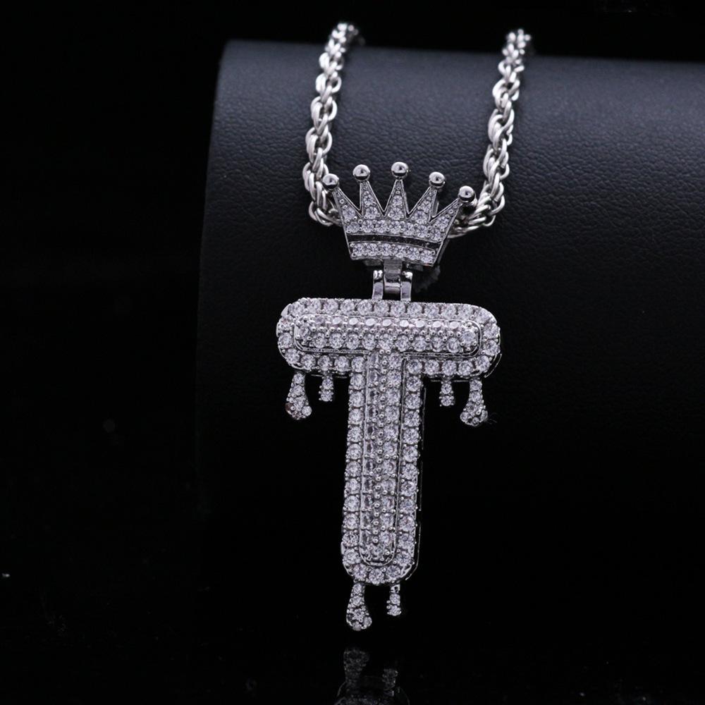 Stylish Hip Hop Zircon Crown Pendant Necklace with 26 English Letters for Women