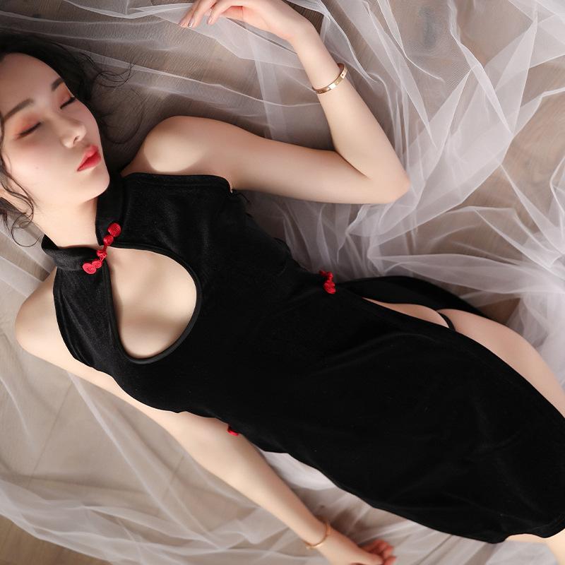 Sexy women's split fork transparent sexy uniform temptation backless lace-up chest home classical cheongsam set