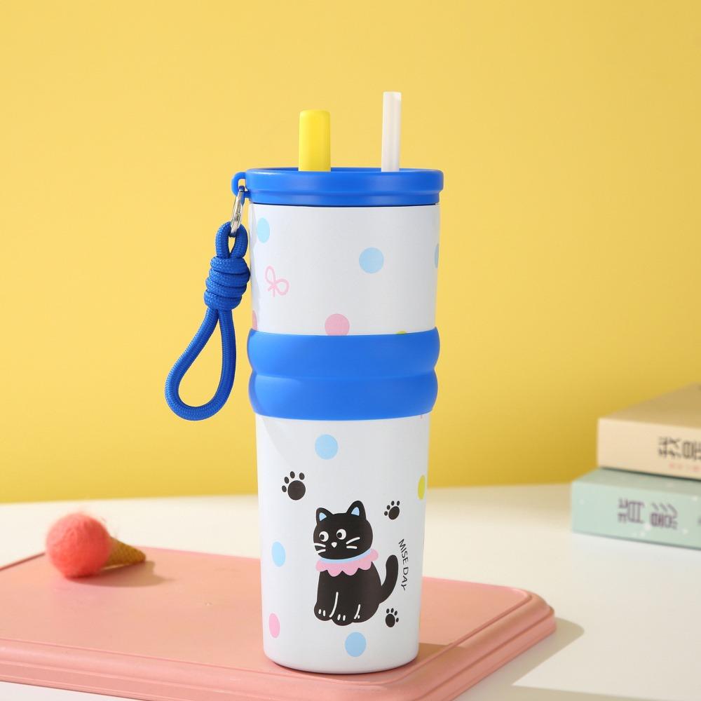 Kawaii Cat Thermal Water Bottle With Straw Cute Stainless Steel Hot Cold Tea Coffee Thermos 710ml Portable Tumbler Woman Gift