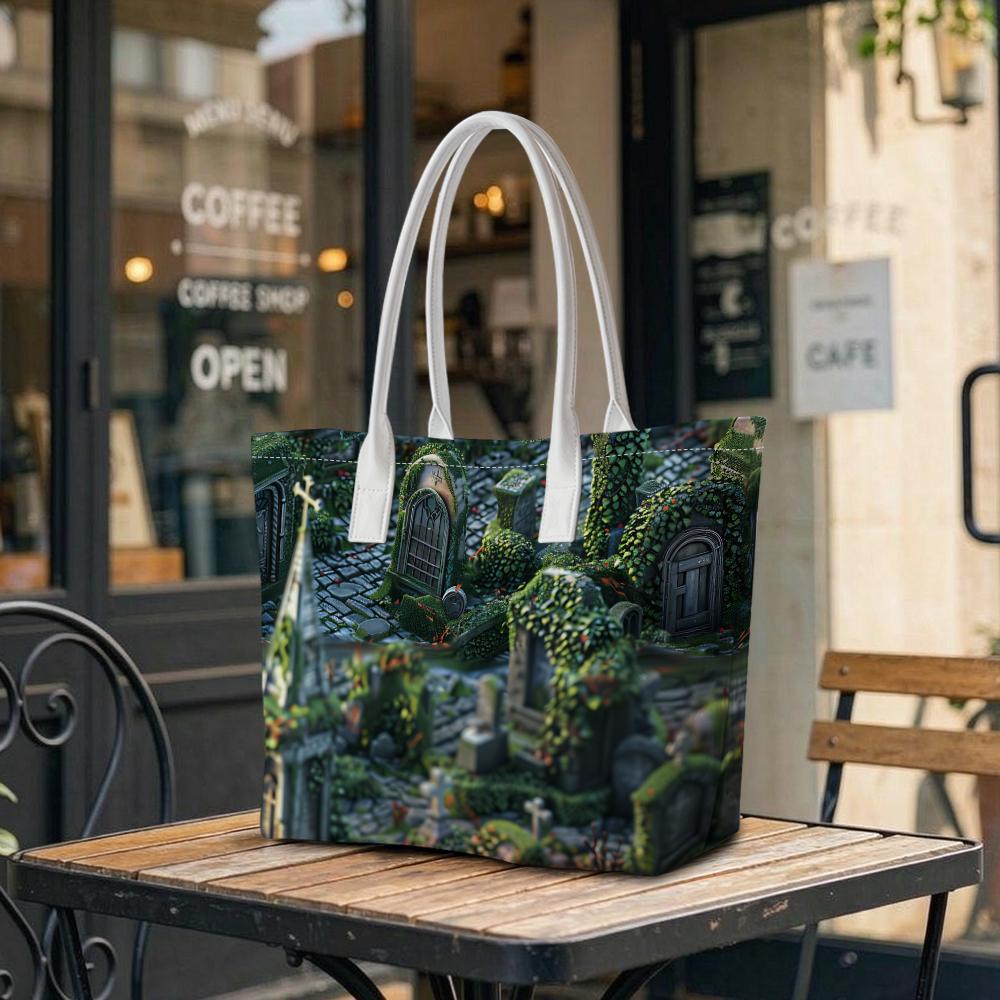 Gothic Cemetery Print Tote Bag Daily Casual Large Capacity Shoulder Bag for Outdoor Shopping Travel