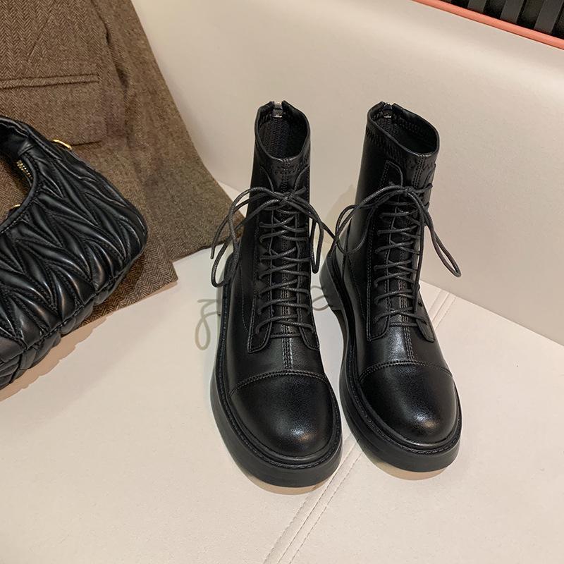 Autumn and winter new leather British style short boots thick-soled Martin boots inner heightening elastic boots thin boots